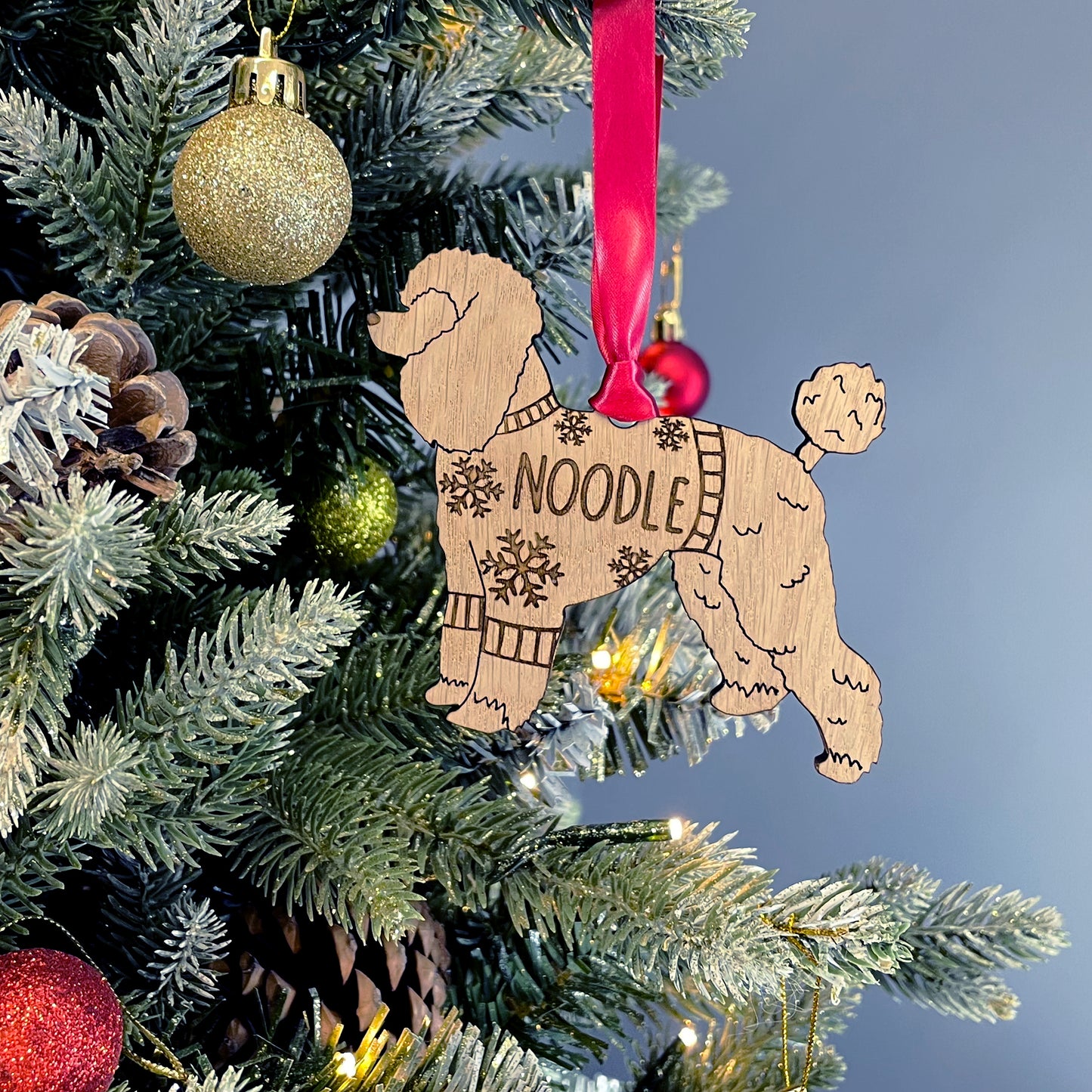 Personalised Poodle Bauble Jumper Dog Bauble - Oak Veneer Wood - Add any name