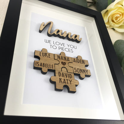 Personalised Grandma / Nana 'We Love You To Pieces' Wooden Mothers Day Christmas Birthday Puzzle Pieces Family Box Frame Add family names