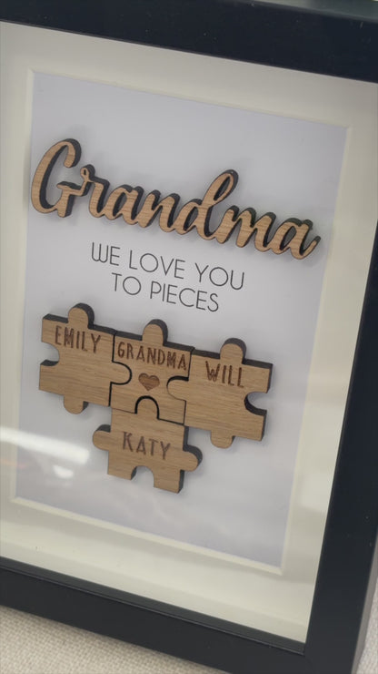 Personalised Grandma / Nana 'We Love You To Pieces' Wooden Mothers Day Christmas Birthday Puzzle Pieces Family Box Frame Add family names