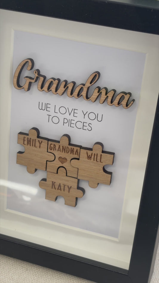 Personalised Grandma / Nana 'We Love You To Pieces' Wooden Mothers Day Christmas Birthday Puzzle Pieces Family Box Frame Add family names