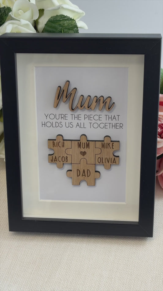 Personalised Mum Wooden 'You're the Piece That Holds Us Together' Mothers Day Puzzle Pieces Family Box Frame - Add your family names