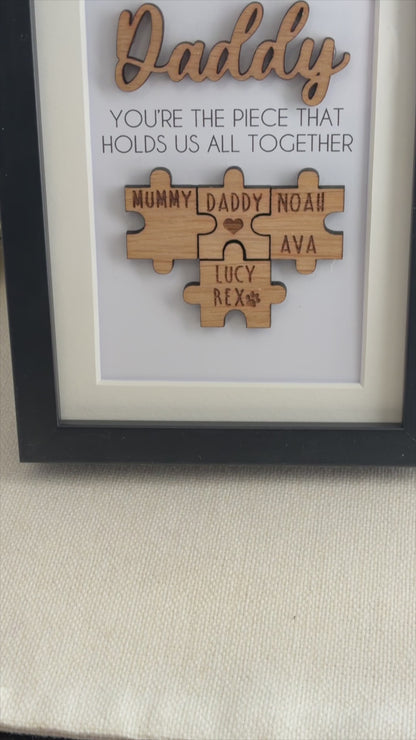 Personalised Dad Wooden 'You're the Piece That Holds Us Together' Father's Day Puzzle Pieces Family Box Frame - Add your family names