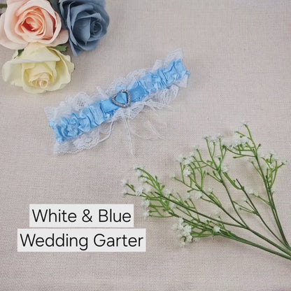 White & Blue Diamanté Heart Bridal Garter - Wedding Garter Gift for the Bride to Be Something Blue Wedding Day Hen Party Engagement