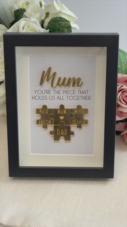 Personalised Mum Gold 'You're the Piece That Holds Us Together' Mothers Day Puzzle Pieces Family Box Frame
