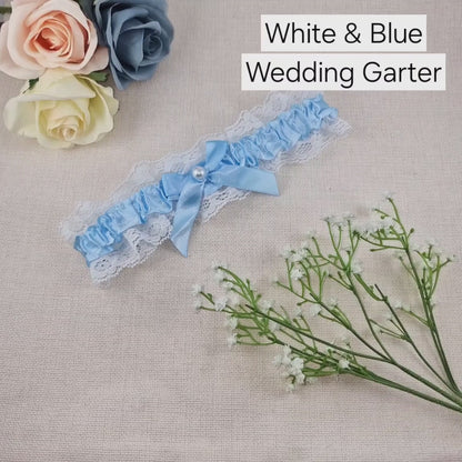 White & Blue Diamanté Heart Bridal Garter - Wedding Garter Gift for the Bride to Be Something Blue Wedding Day Hen Party Engagement
