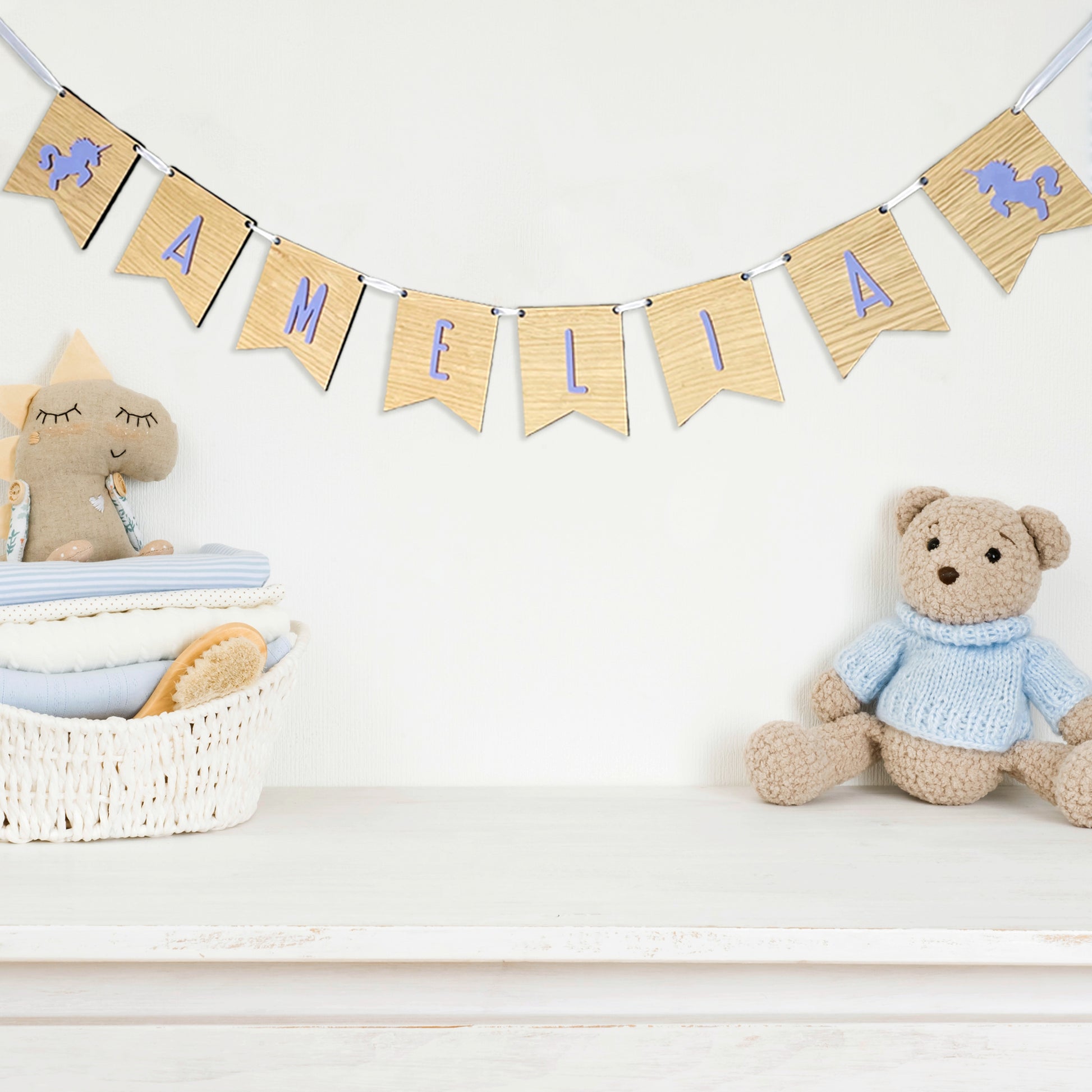Personalised Oak Wood Name Bunting with Unicorns - Nursery or Child's Room Decor - Add any Name!