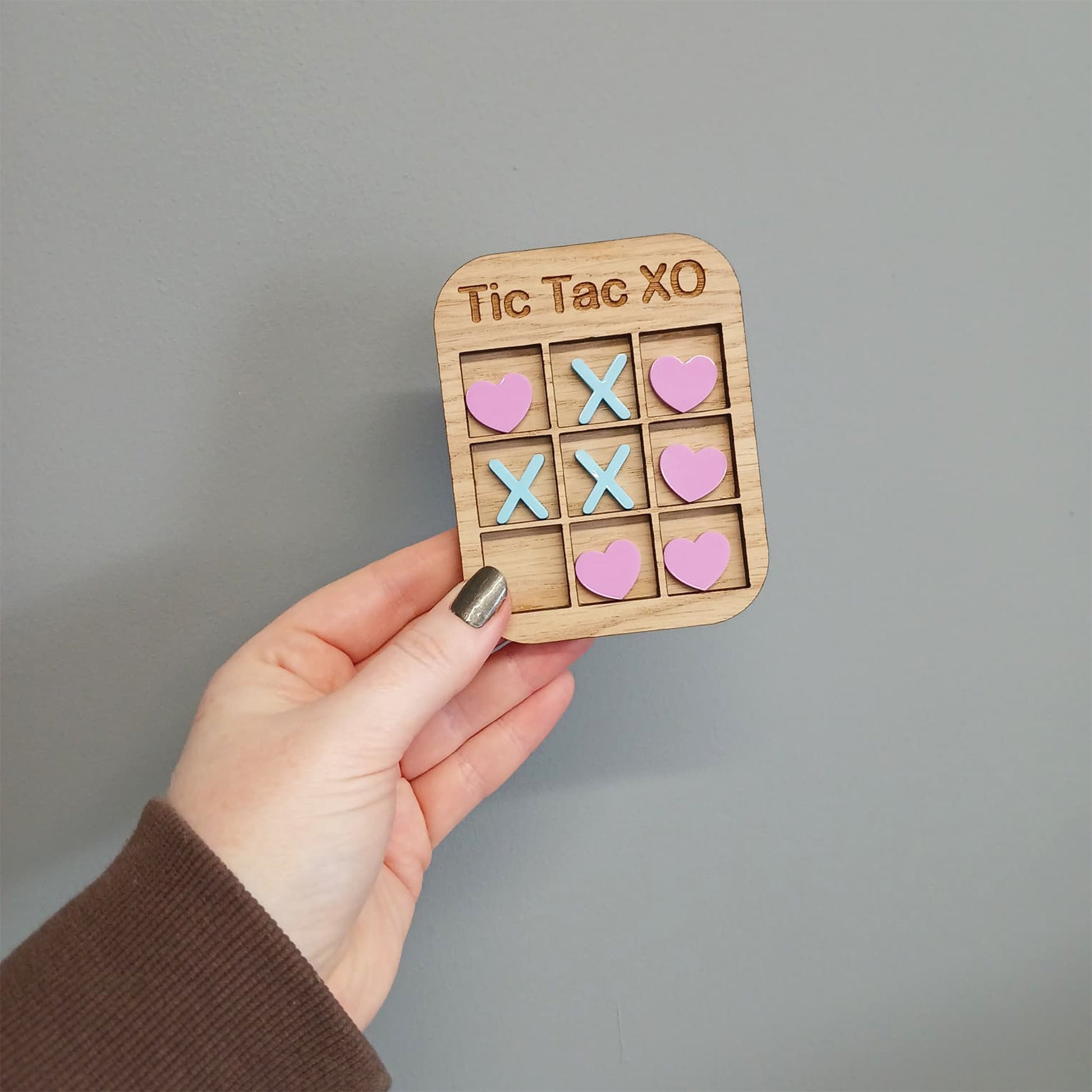 Tic Tac Toe Style Mini Board Game - Love Hearts and X's Valentine's Day Blue and Pink - Oak Wood and Acrylic - Anniversary - Birthday