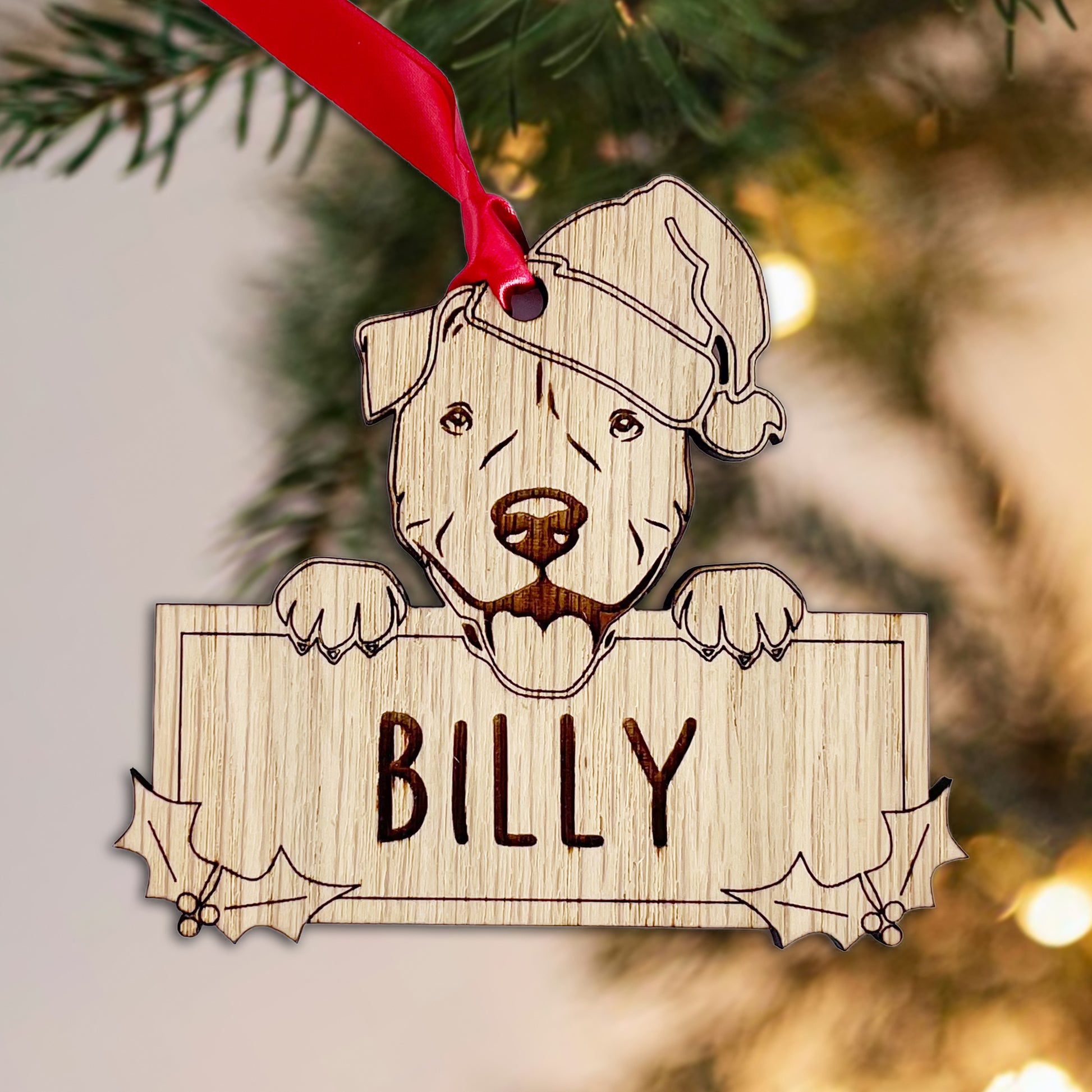 Personalised Staffy Dog Bauble - Peeking Dog - Oak Veneer Wood - Add your own name!