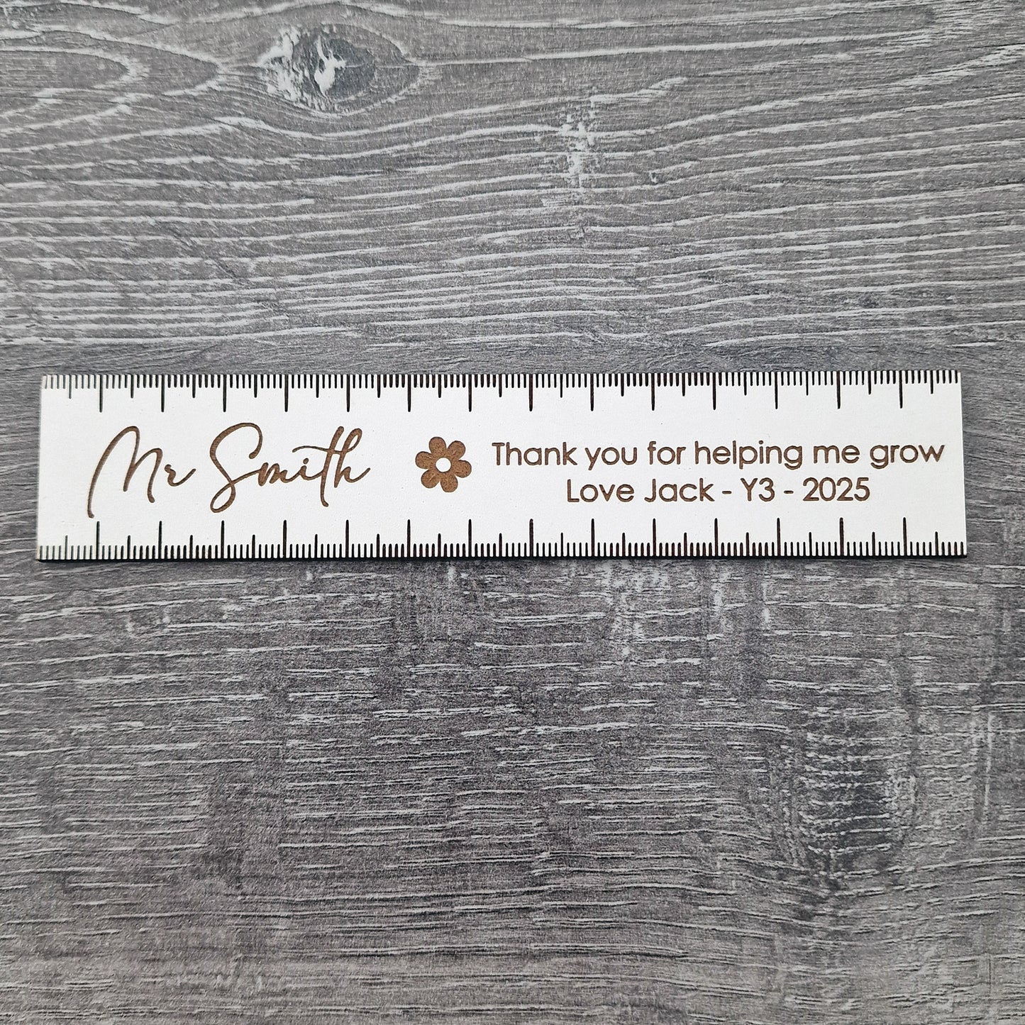 Personalised Wooden Teacher 15cm Ruler – Thank You for Helping Me Grow Gift – Engraved Name, Class & Year – Sustainable Oak or White Wood