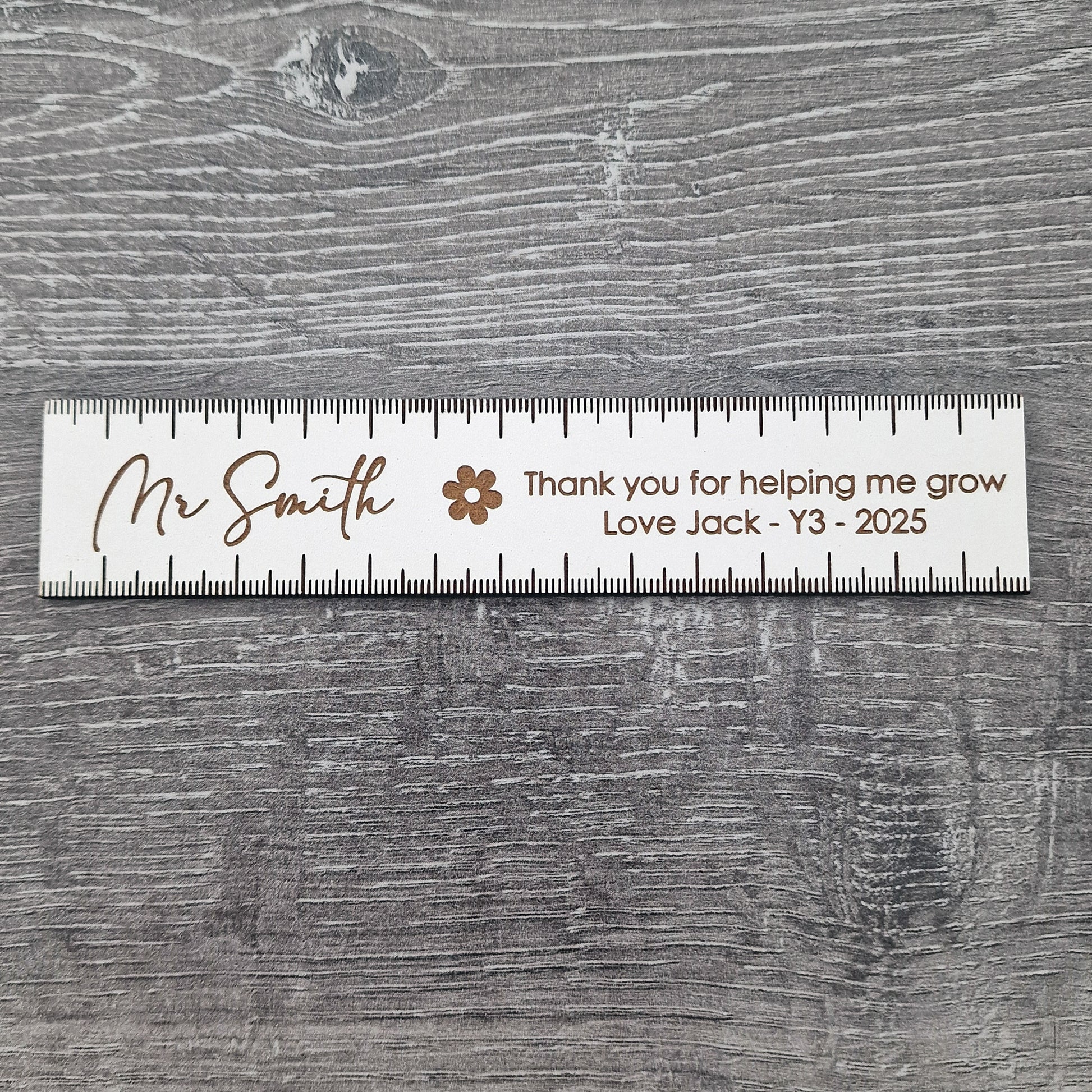 Personalised Wooden Teacher 15cm Ruler – Thank You for Helping Me Grow Gift – Engraved Name, Class & Year – Sustainable Oak or White Wood