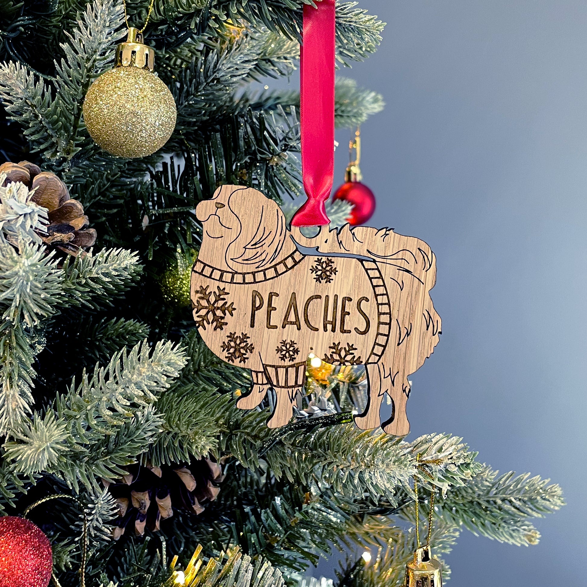 Personalised Japanese Chin Bauble Jumper Dog Bauble - Oak Veneer Wood - Add any name