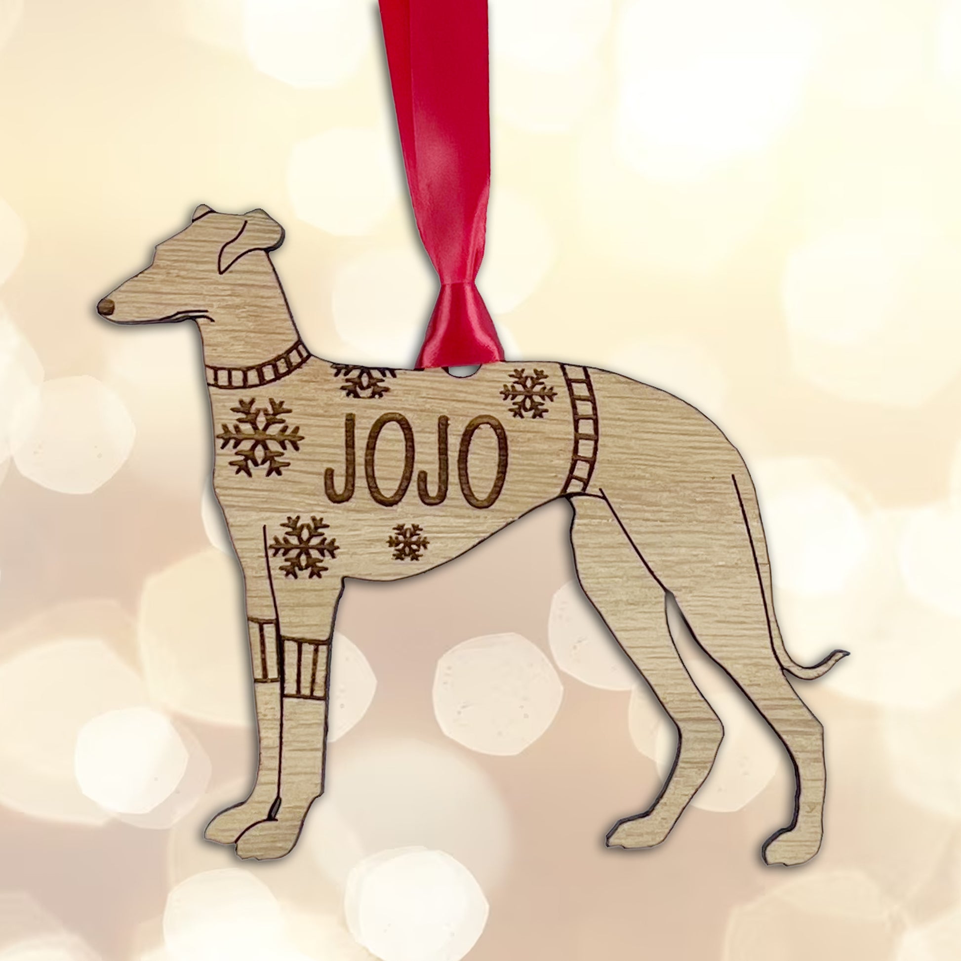 Personalised Greyhound Bauble Jumper Dog Bauble - Oak Veneer Wood - Add any name
