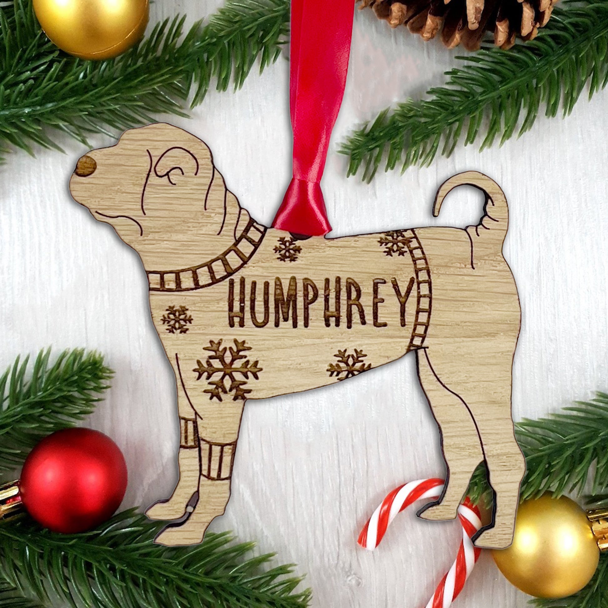 Personalised Chinese Shar-Pei Bauble Jumper Dog Bauble - Oak Veneer Wood - Add any name