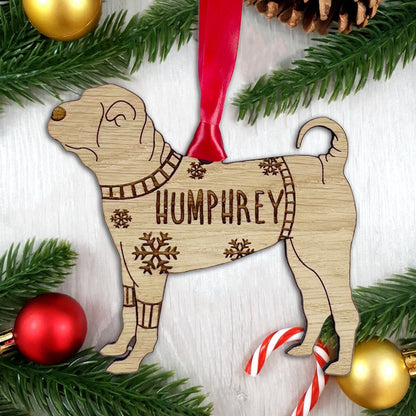 Personalised Chinese Shar-Pei Bauble Jumper Dog Bauble - Oak Veneer Wood - Add any name