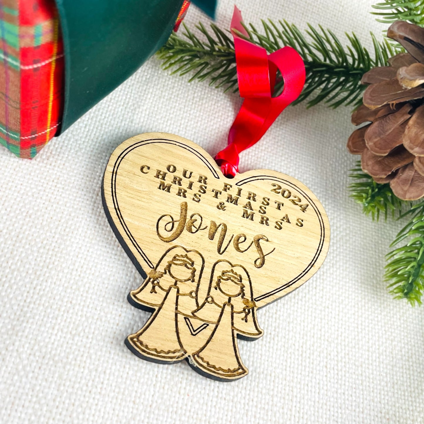 Personalised Wooden Stick Couple "Mrs & Mrs" Wedding Bauble