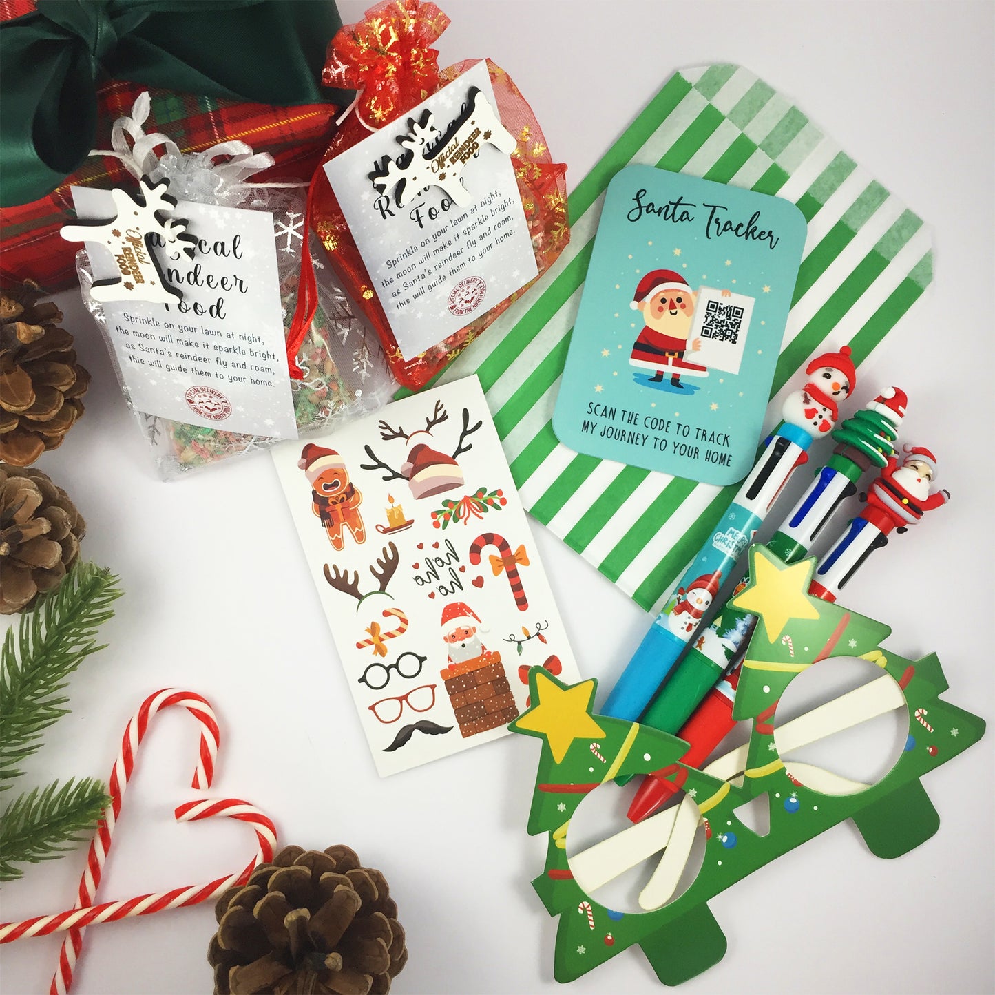 Christmas Eve Activity Pack - Reindeer Food, Santa Tracker, Pen, Tattoos, Glasses Xmas for Kids