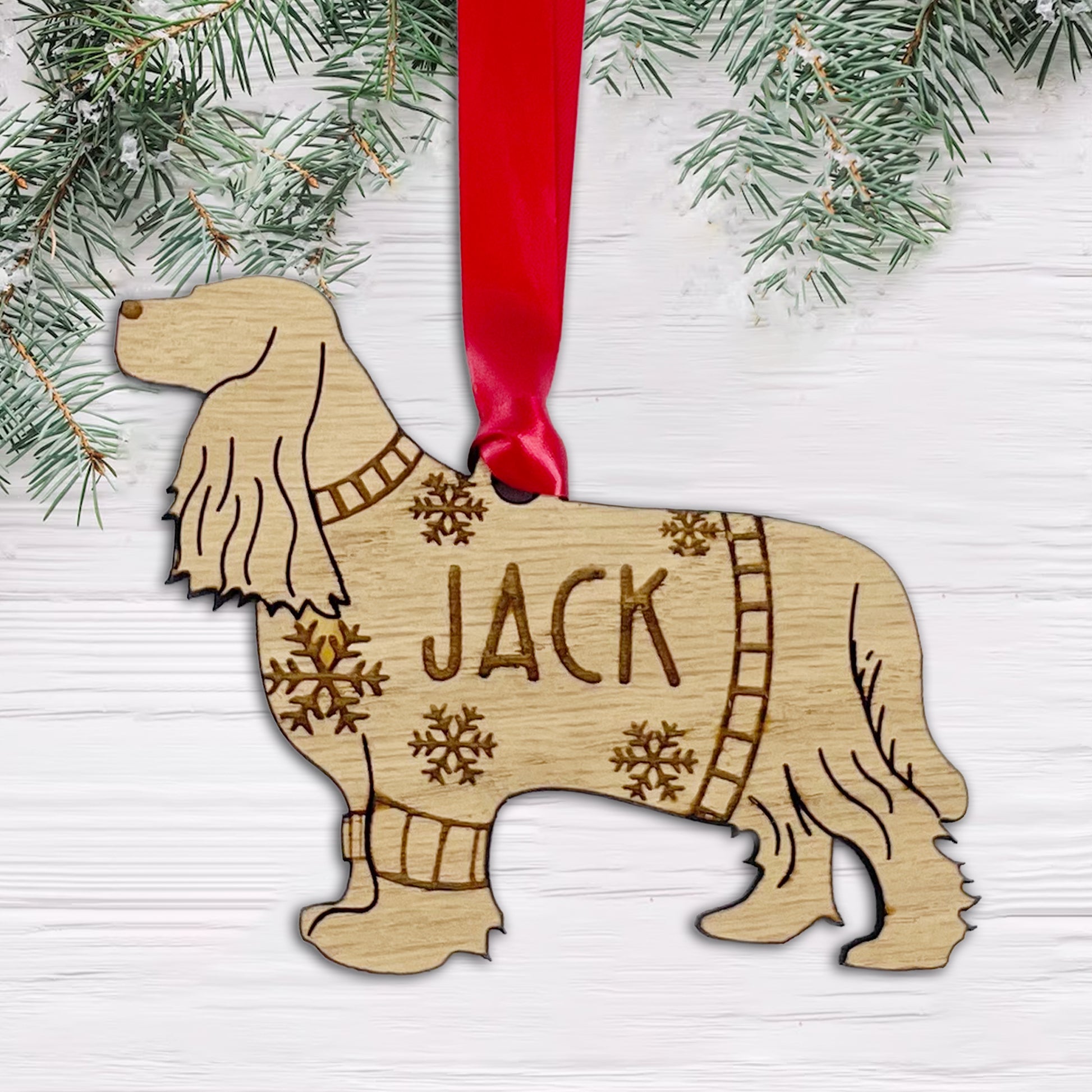 Personalised Cocker Spaniel Bauble Jumper Dog Bauble - Oak Veneer Wood - Add any name