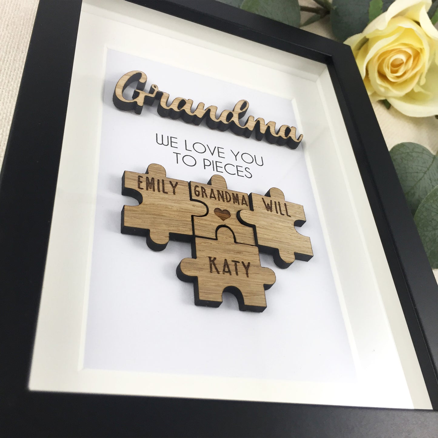 Personalised Grandma / Nana 'We Love You To Pieces' Wooden Mothers Day Christmas Birthday Puzzle Pieces Family Box Frame Add family names
