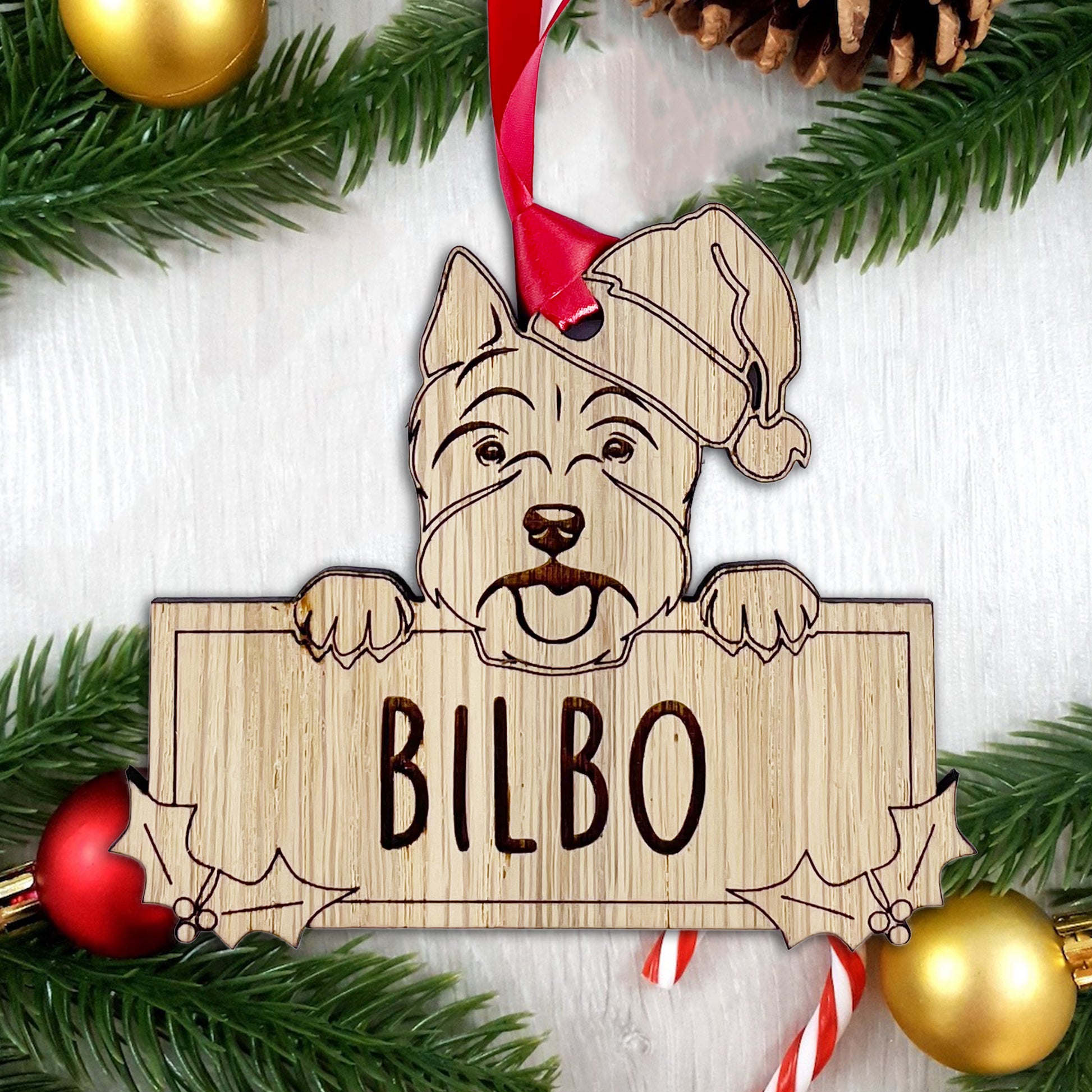 Personalised Westie Dog Bauble - Peeking Dog - Oak Veneer Wood - Add your own name!