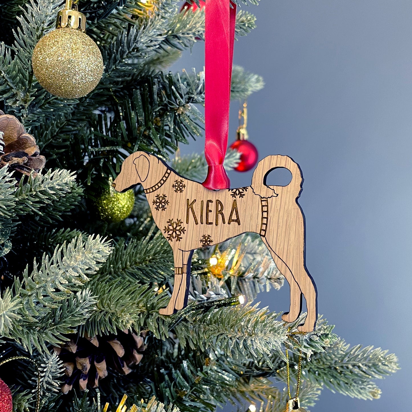 Personalised Kangal Bauble Jumper Dog Bauble - Oak Veneer Wood - Add any name