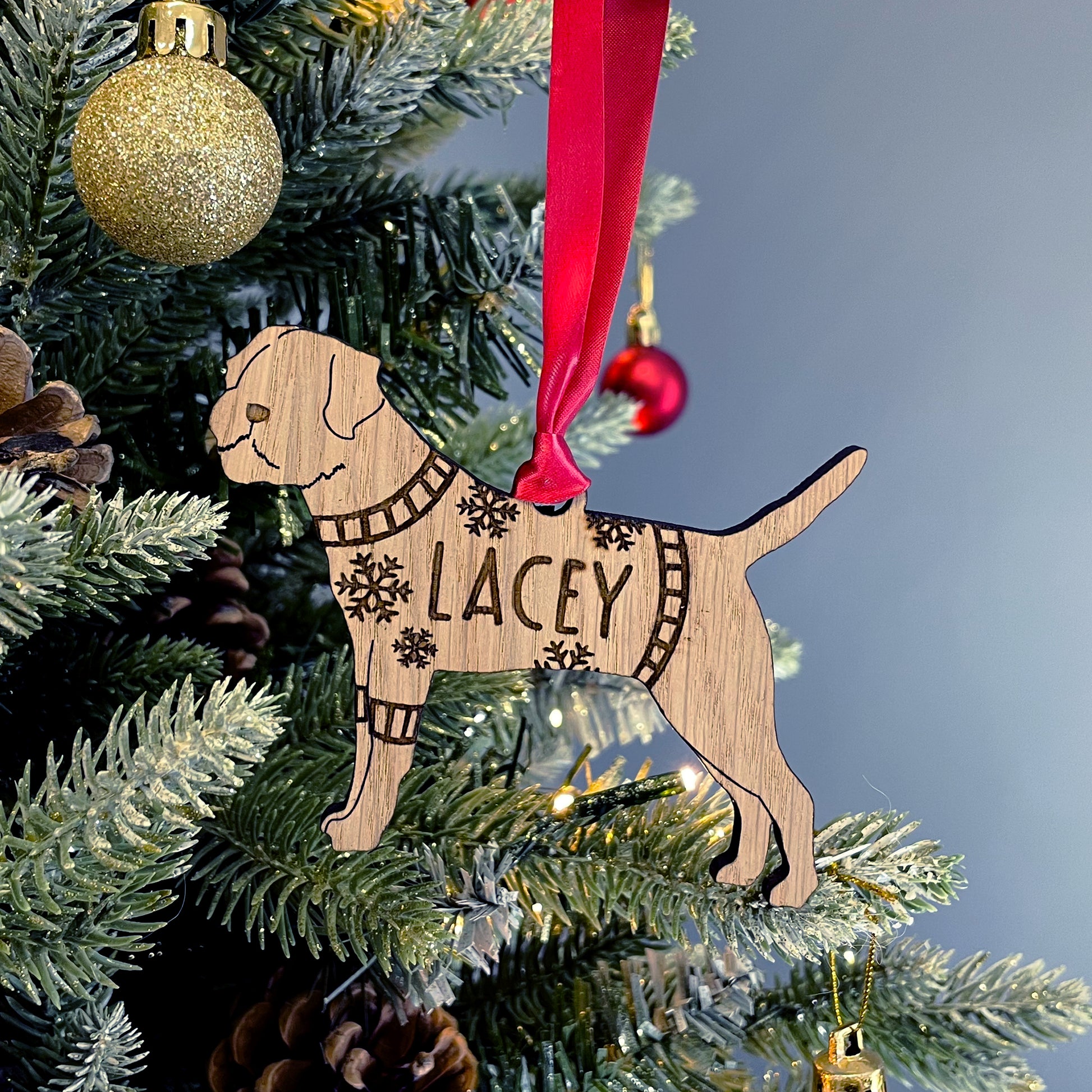 Personalised Border Terrier Bauble Jumper Dog Bauble - Oak Veneer Wood - Add any name