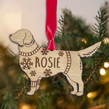 Personalised Golden Retriever Bauble Jumper Dog Bauble - Oak Veneer Wood - Add any name