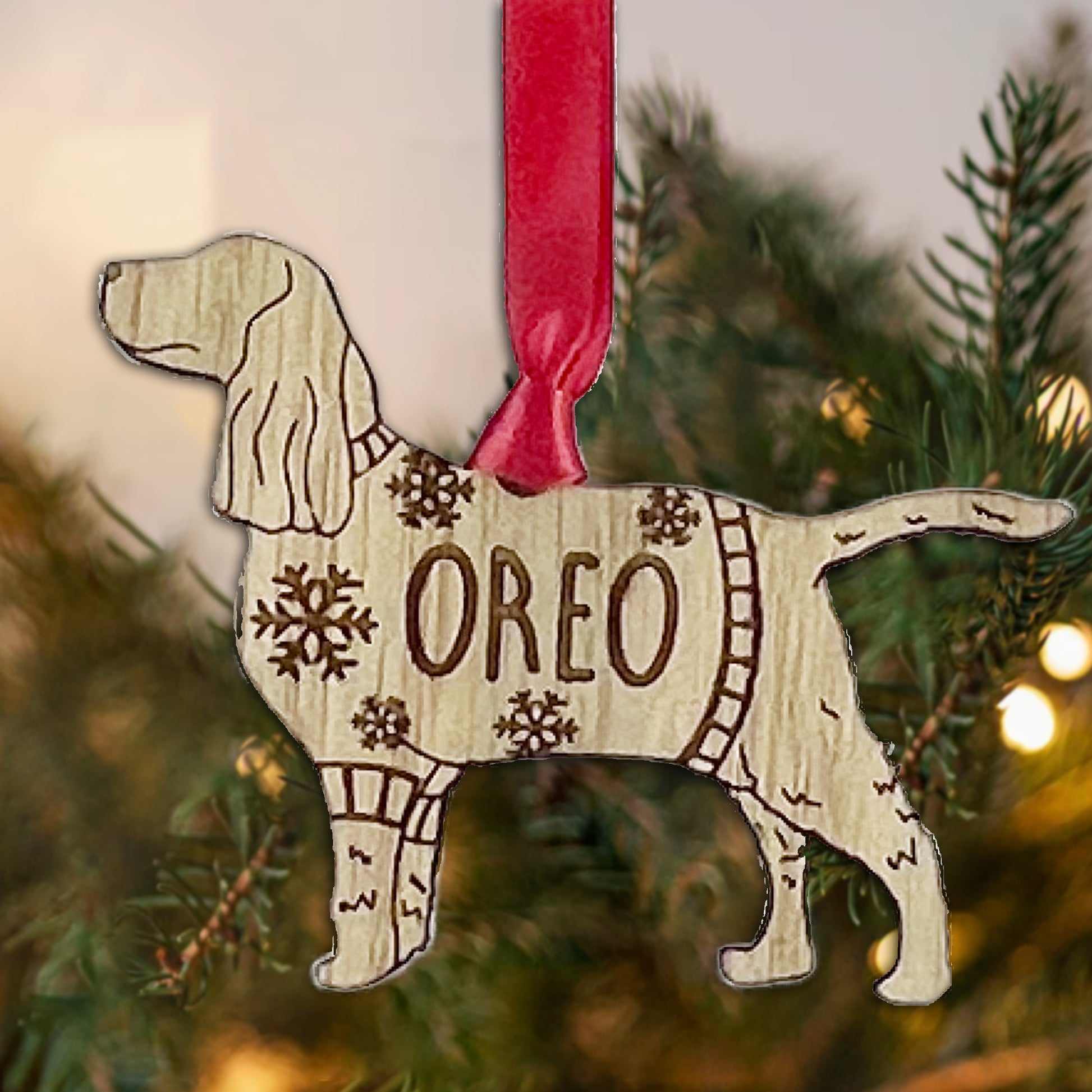 Personalised Springer Spaniel Bauble Jumper Dog Bauble - Oak Veneer Wood - Add any name
