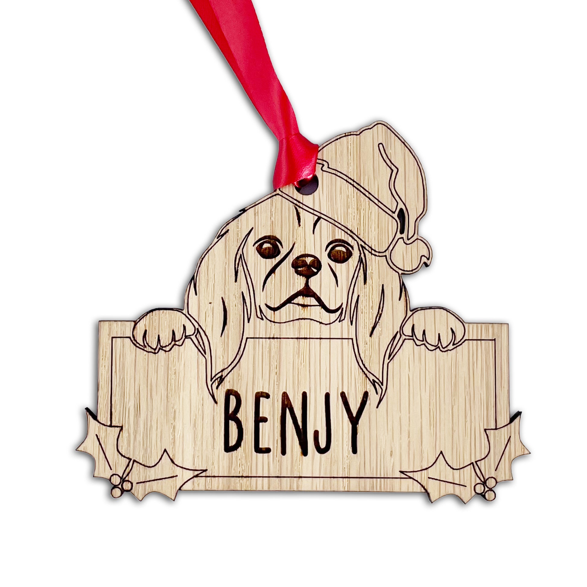 Personalised Cavalier King Charles Spaniel Dog Bauble - Peeking Dog - Oak Veneer Wood - Add your own name!