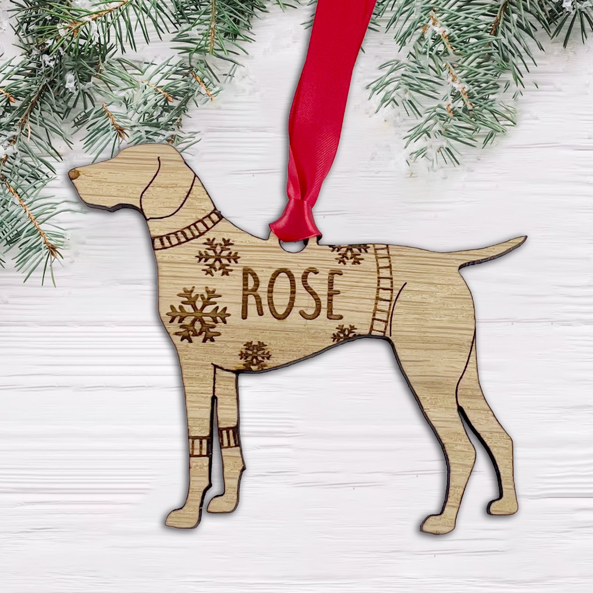 Personalised Pointer Bauble Jumper Dog Bauble - Oak Veneer Wood - Add any name