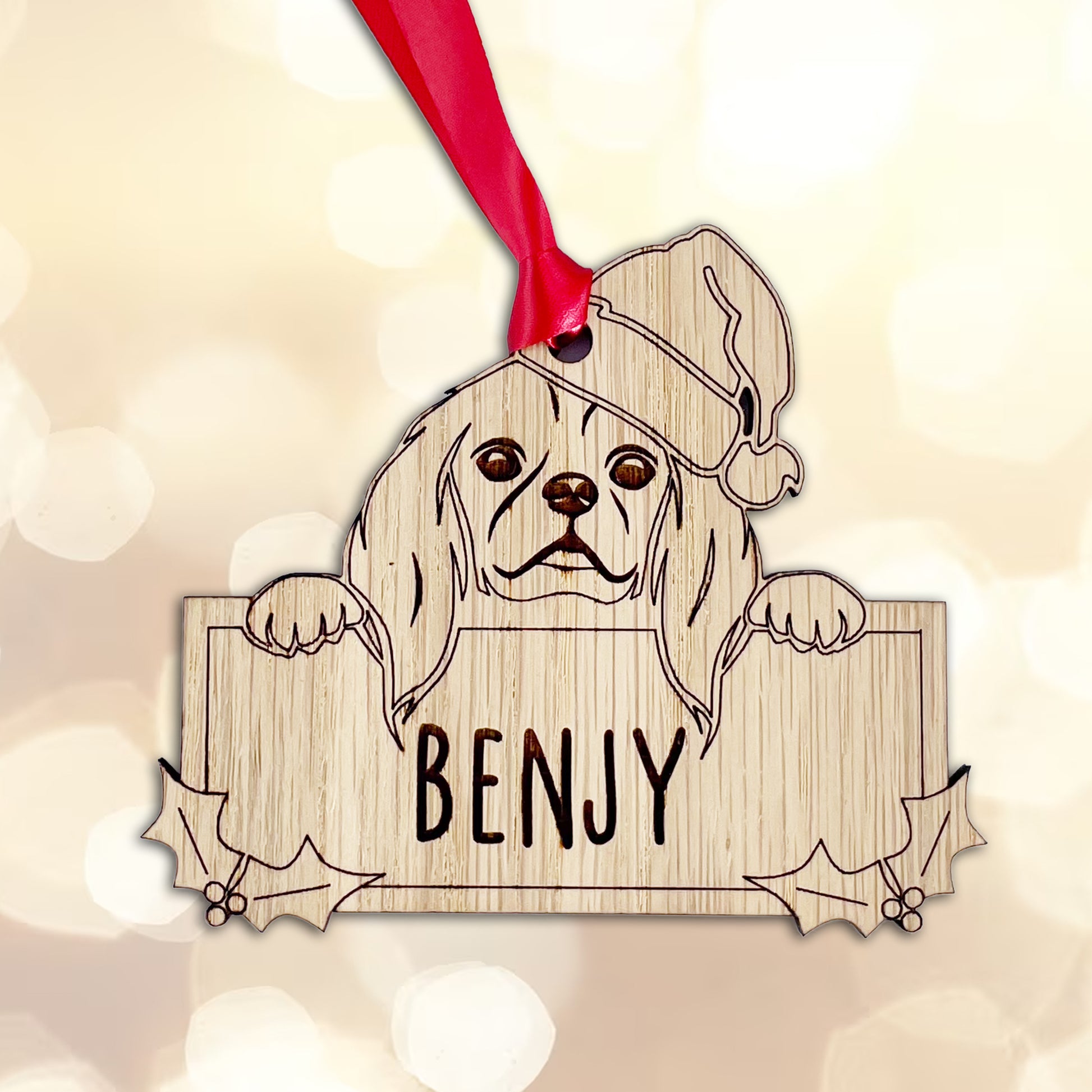 Personalised Cavalier King Charles Spaniel Dog Bauble - Peeking Dog - Oak Veneer Wood - Add your own name!