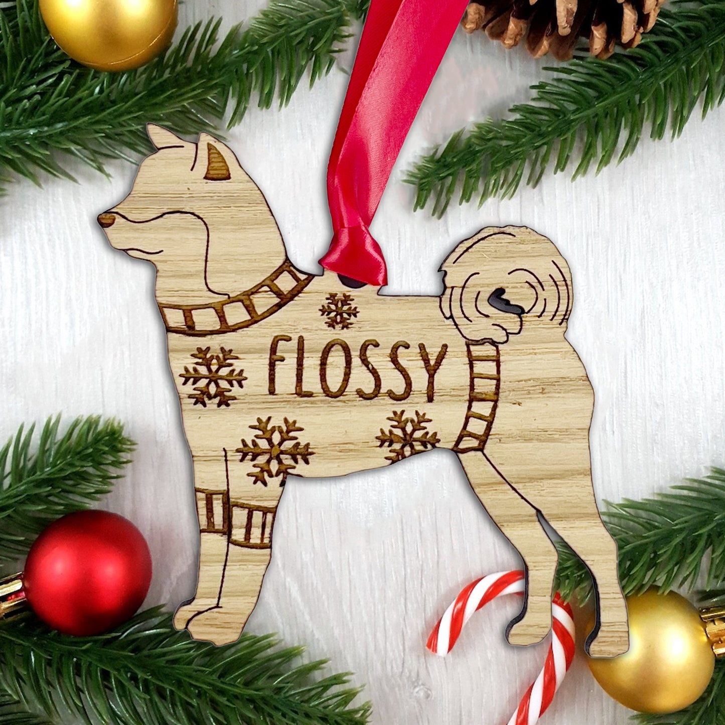 Personalised Akita Bauble Jumper Dog Bauble - Oak Veneer Wood - Add any name
