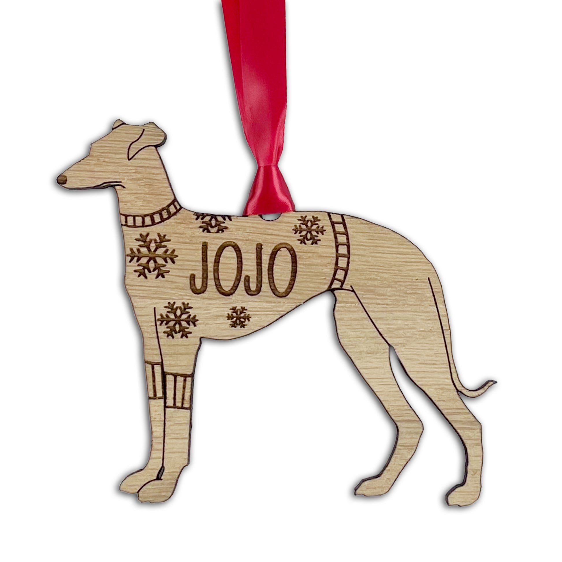 Personalised Greyhound Bauble Jumper Dog Bauble - Oak Veneer Wood - Add any name