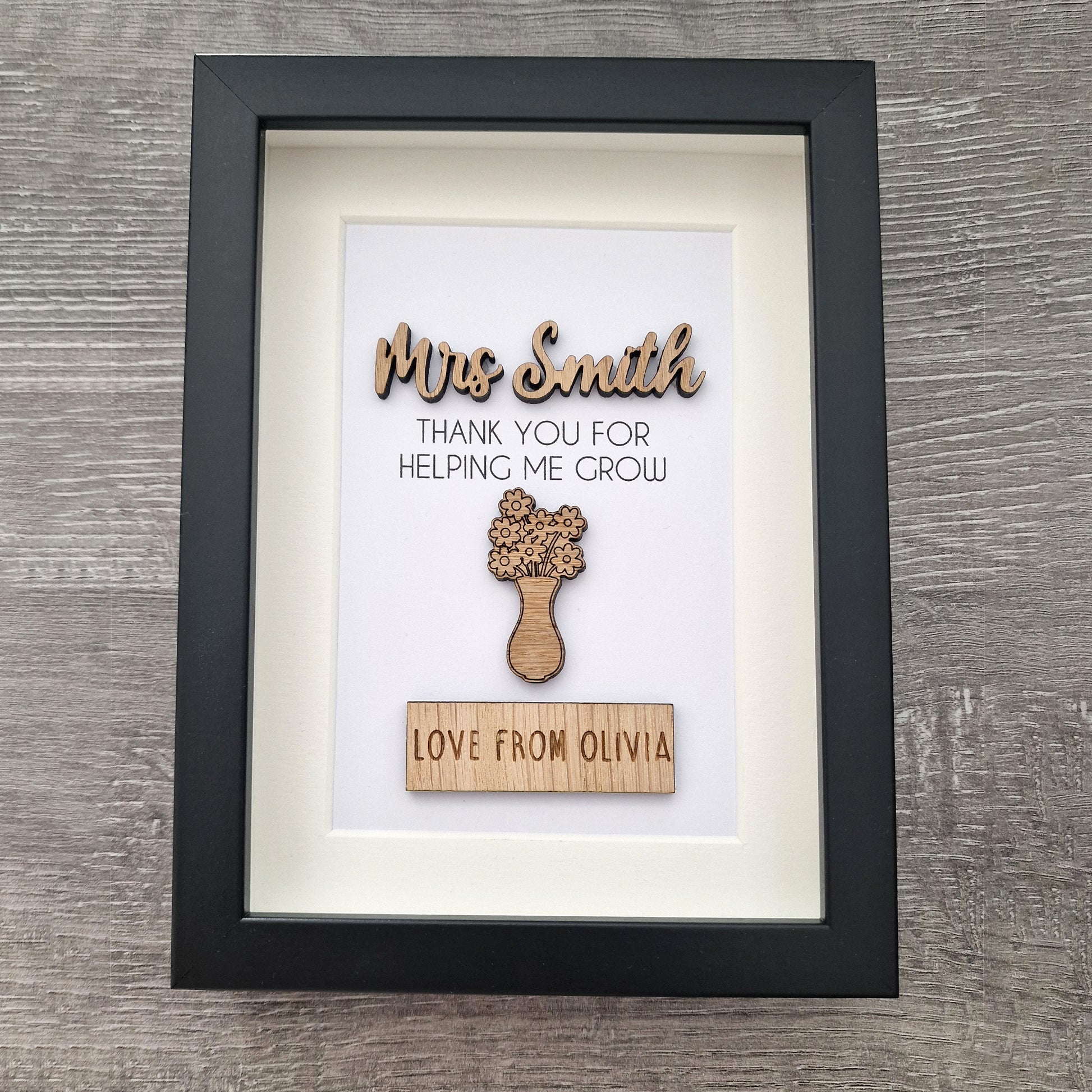 Personalised Teacher Thank You Frame, Wooden Box Frame with Custom Names, Thank You For Helping Me Grow, End of School Teacher's Day