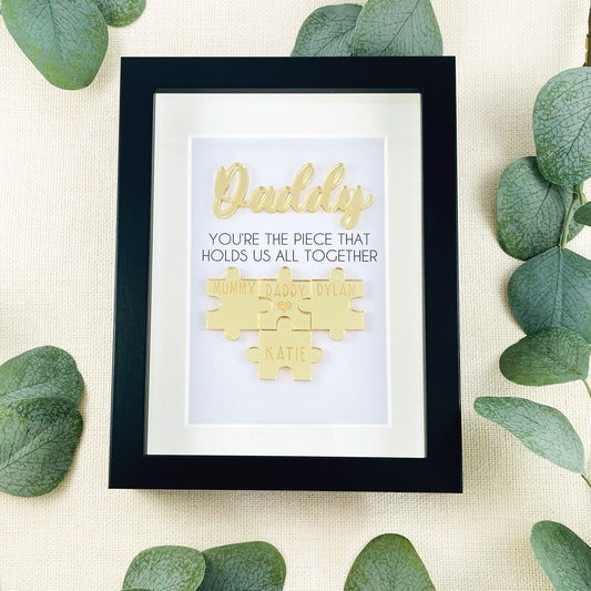 Personalised Dad Gold 'You're the Piece That Holds Us Together' Father's Day Puzzle Pieces Family Box Frame