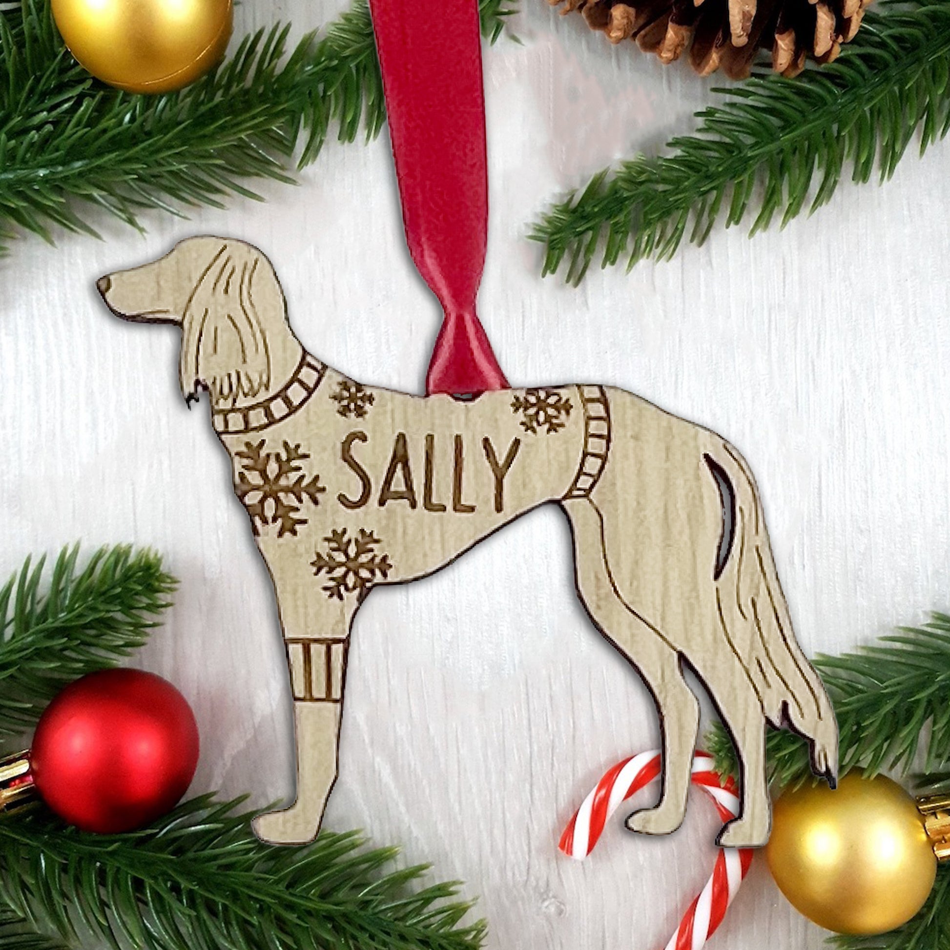 Personalised Saluki Bauble Jumper Dog Bauble - Oak Veneer Wood - Add any name