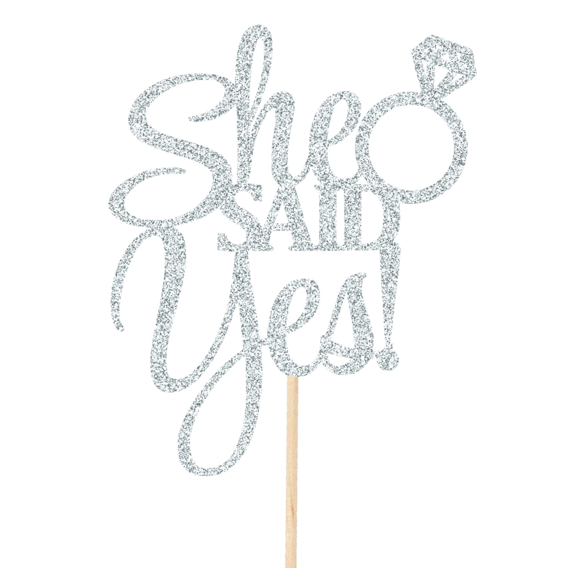 She Said Yes Cake Topper Glitter Card Bride Wedding Engagement Party Cake Decorations | Rose Gold Pink Red Blue Black Silver & More