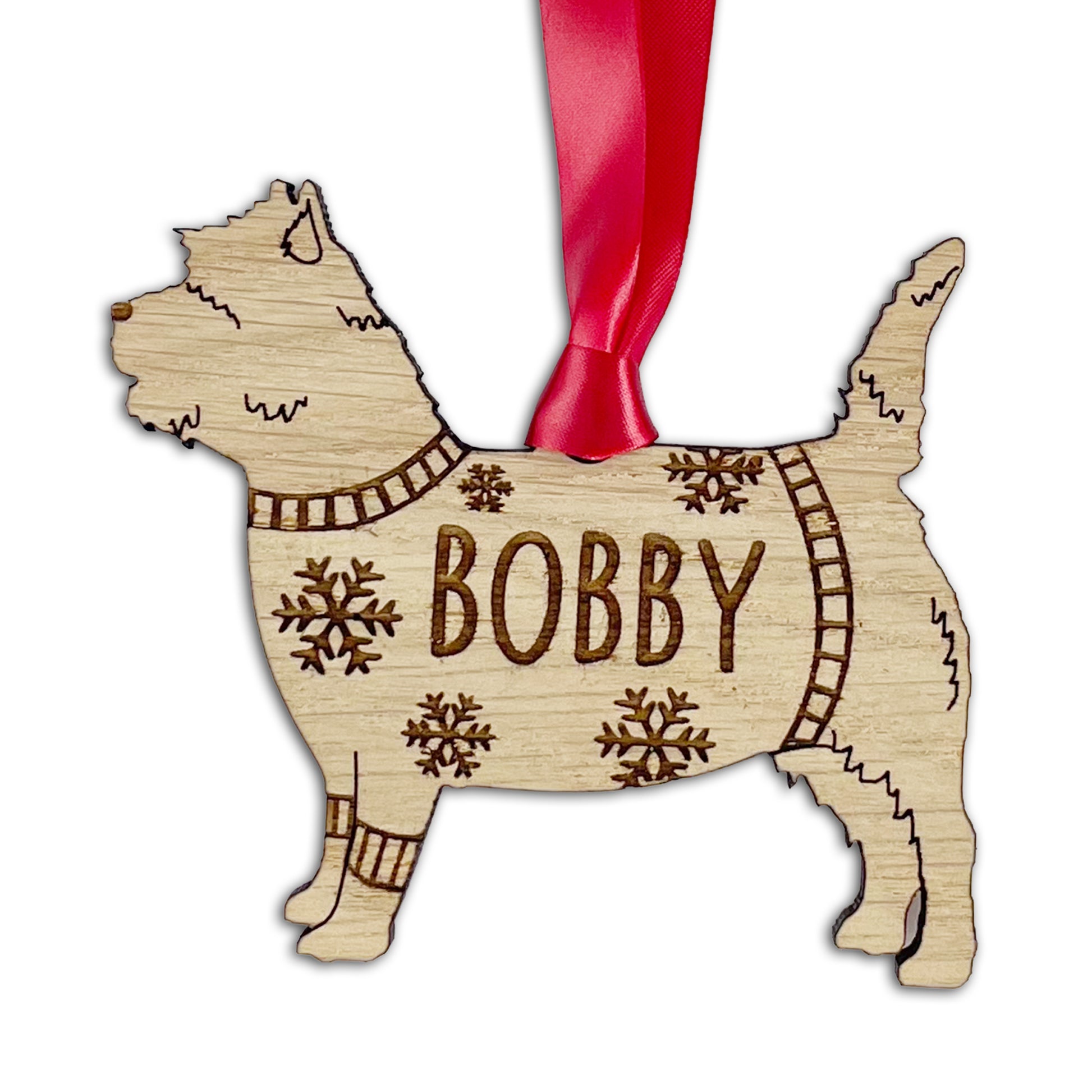 Personalised Cairn Terrier Bauble Jumper Dog Bauble - Oak Veneer Wood - Add any name