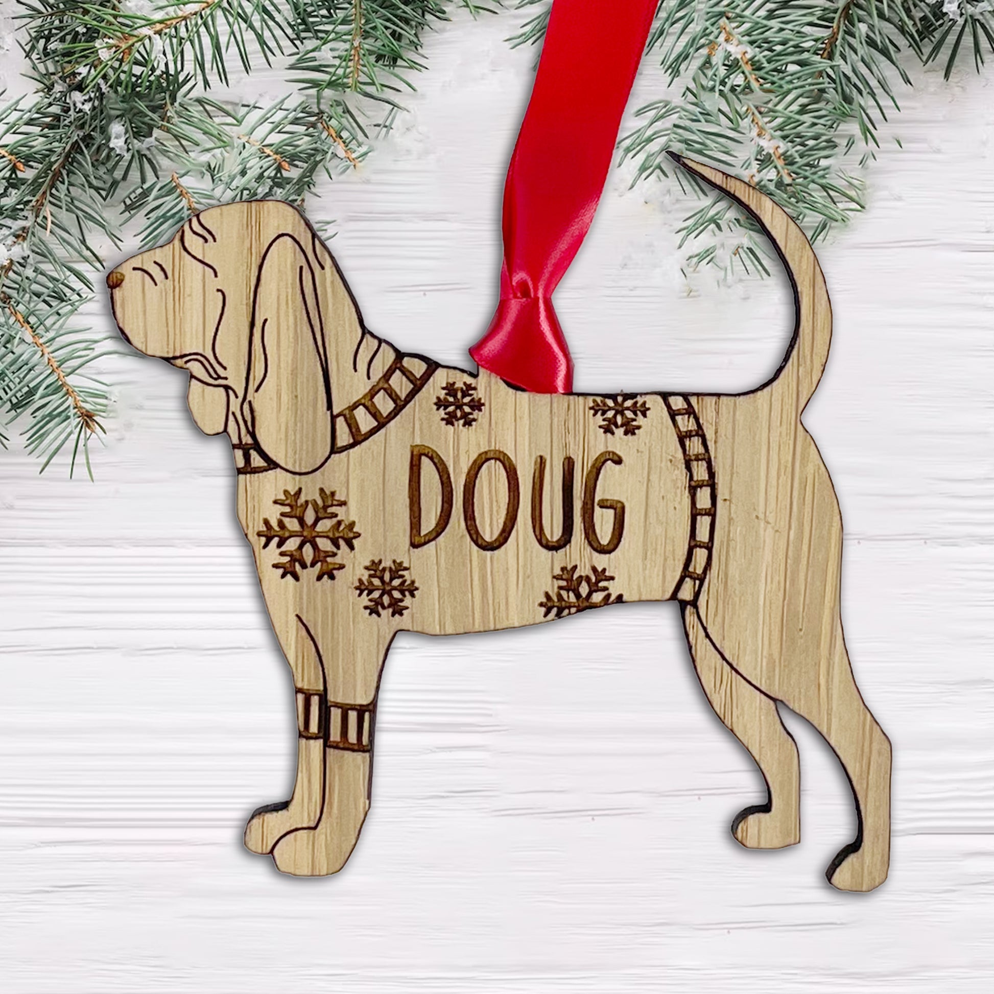 Personalised Blood Hound Bauble Jumper Dog Bauble - Oak Veneer Wood - Add any name