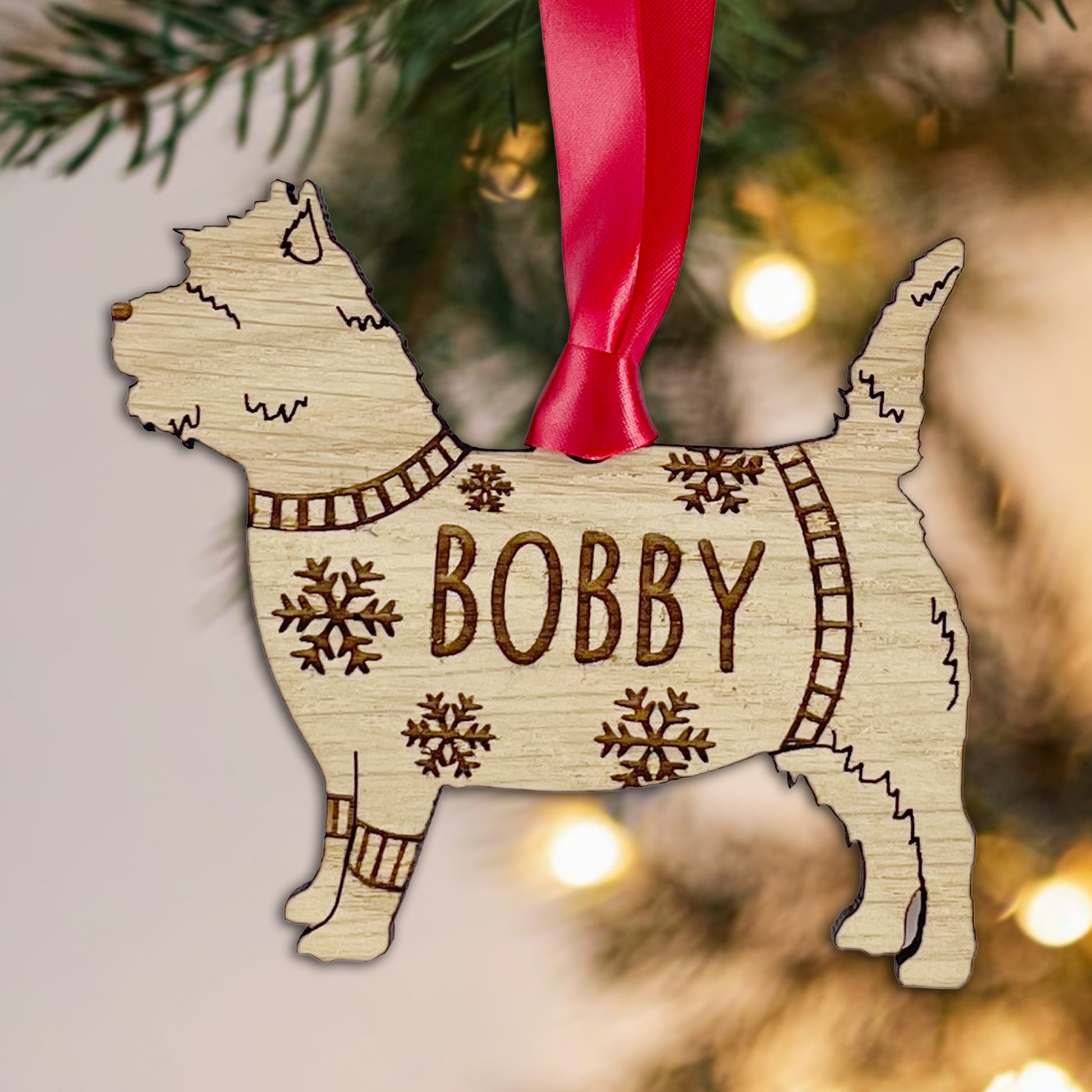 Personalised Cairn Terrier Bauble Jumper Dog Bauble - Oak Veneer Wood - Add any name