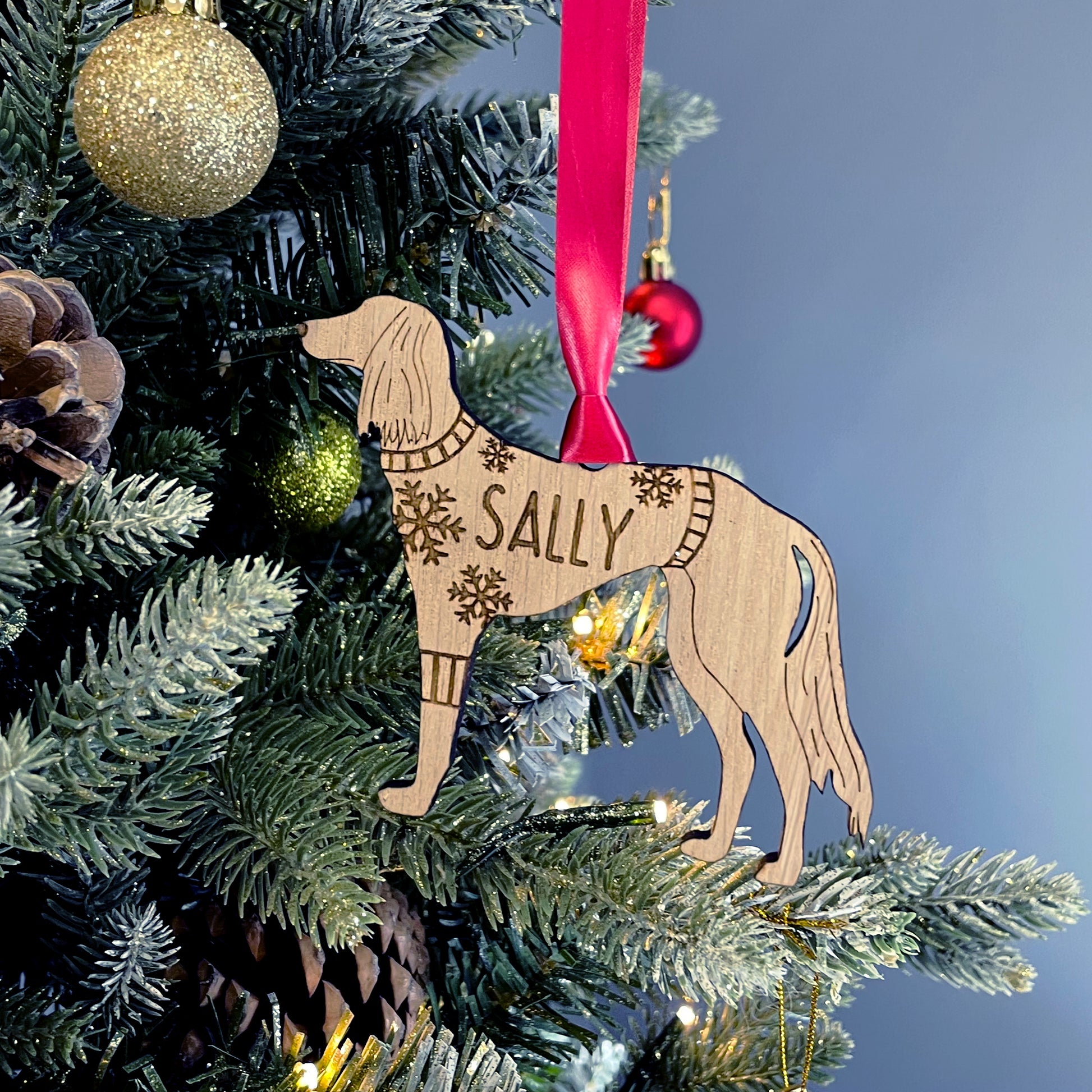 Personalised Saluki Bauble Jumper Dog Bauble - Oak Veneer Wood - Add any name