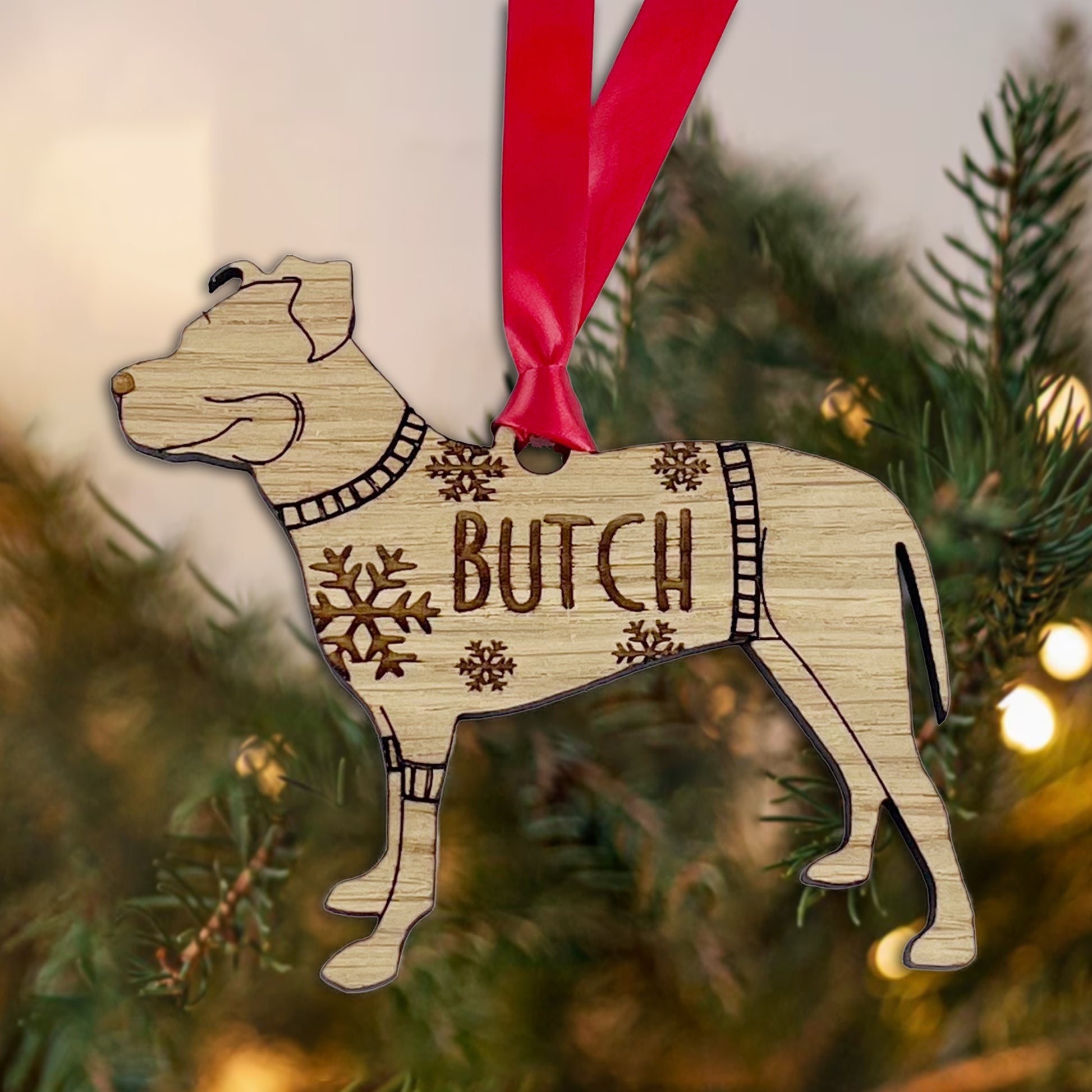 Personalised Pitbull Bauble Jumper Dog Bauble - Oak Veneer Wood - Add any name
