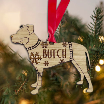 Personalised Pitbull Bauble Jumper Dog Bauble - Oak Veneer Wood - Add any name