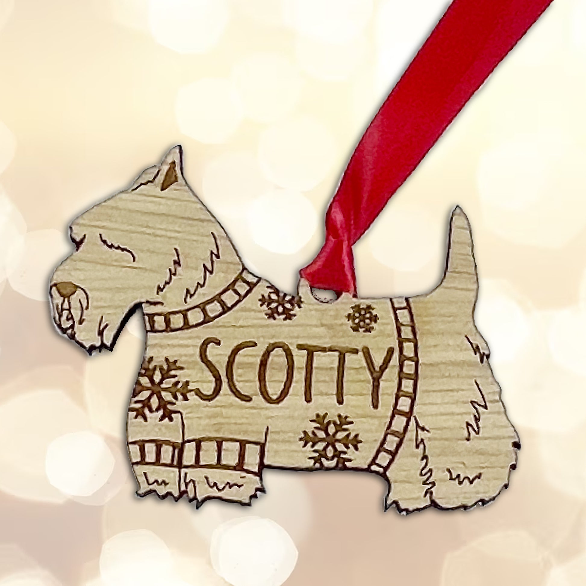 Personalised Scottie Bauble Jumper Dog Bauble - Oak Veneer Wood - Add any name