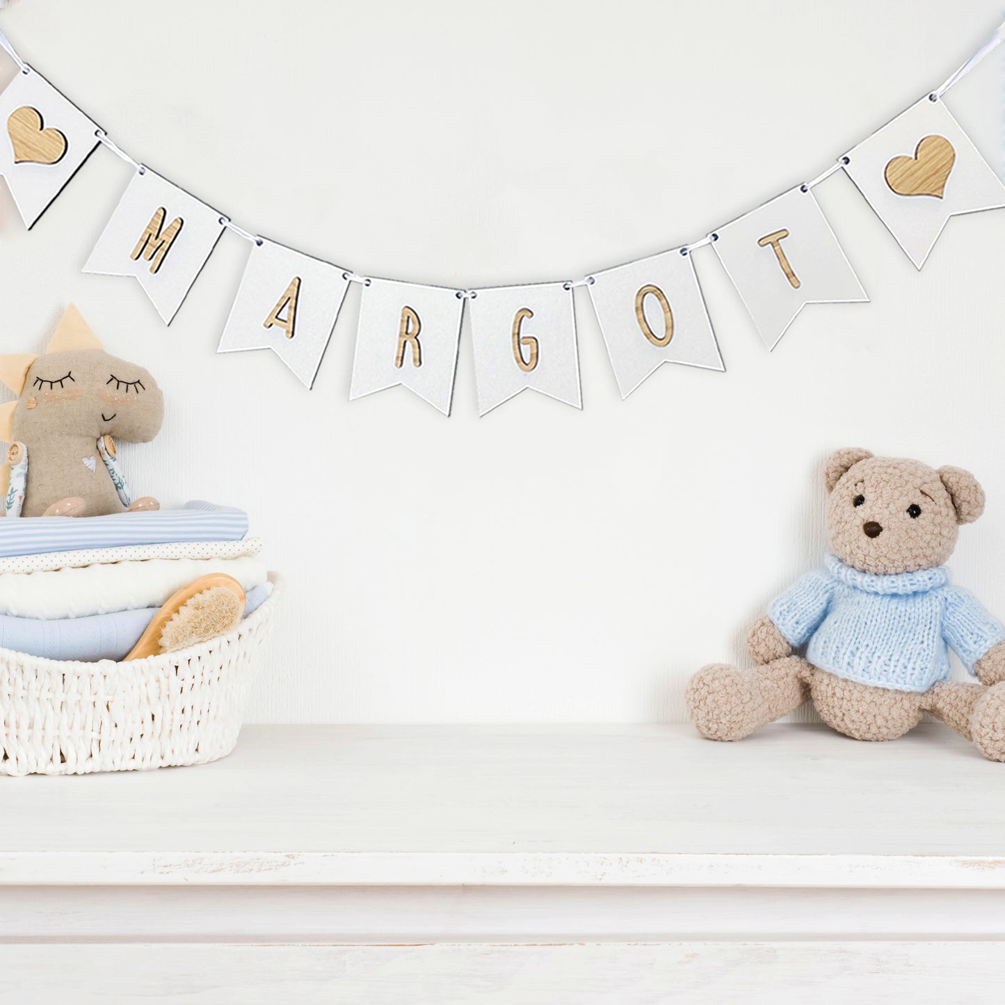 Personalised White Wood Name Bunting with Hearts - Nursery or Child's Room Decor - Add any Name!