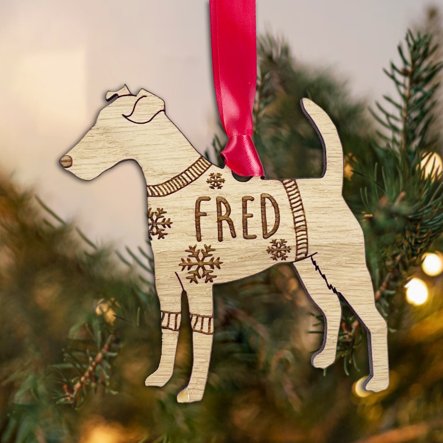 Personalised Fox Terrier Bauble Jumper Dog Bauble - Oak Veneer Wood - Add any name