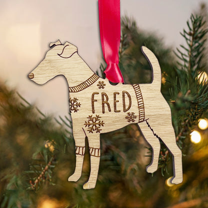 Personalised Fox Terrier Bauble Jumper Dog Bauble - Oak Veneer Wood - Add any name