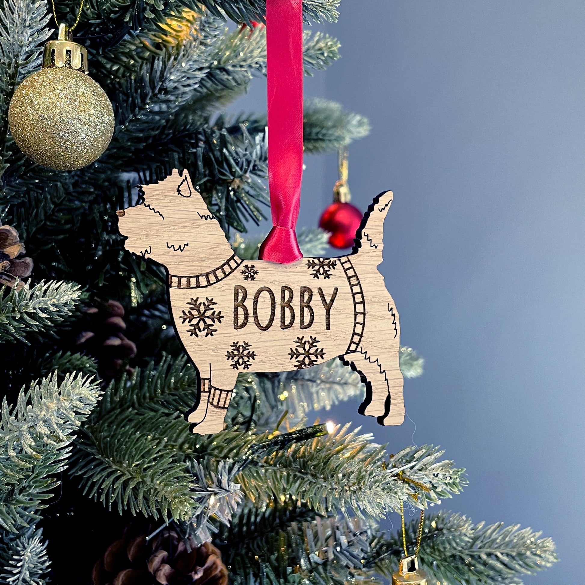 Personalised Cairn Terrier Bauble Jumper Dog Bauble - Oak Veneer Wood - Add any name