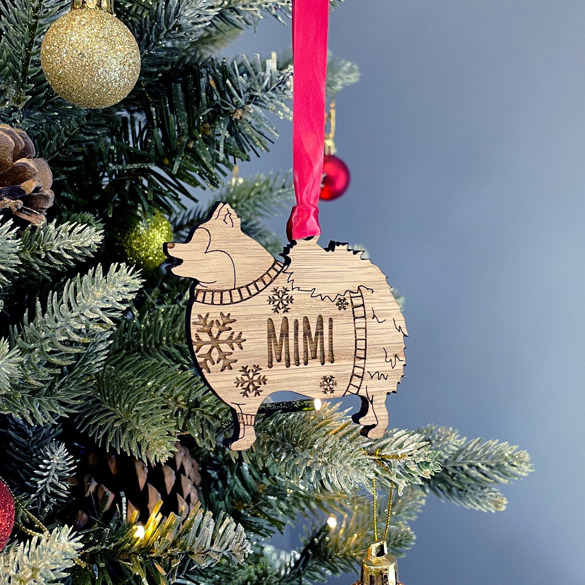 Personalised Pomeranian Bauble Jumper Dog Bauble - Oak Veneer Wood - Add any name