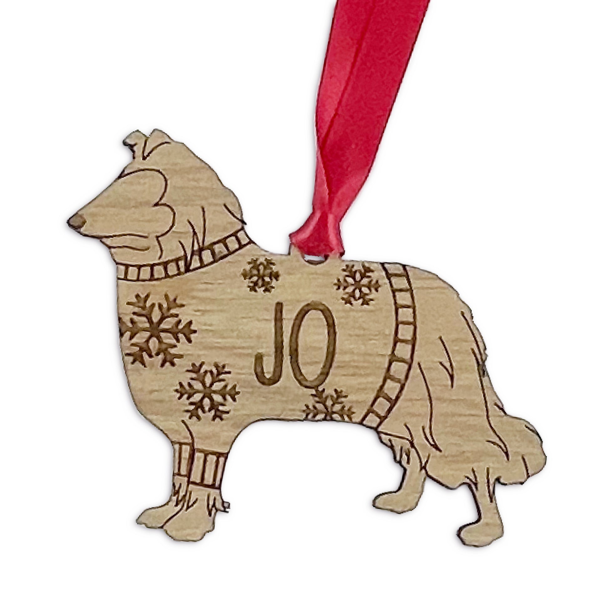 Personalised Rough Collie Bauble Jumper Dog Bauble - Oak Veneer Wood - Add any name
