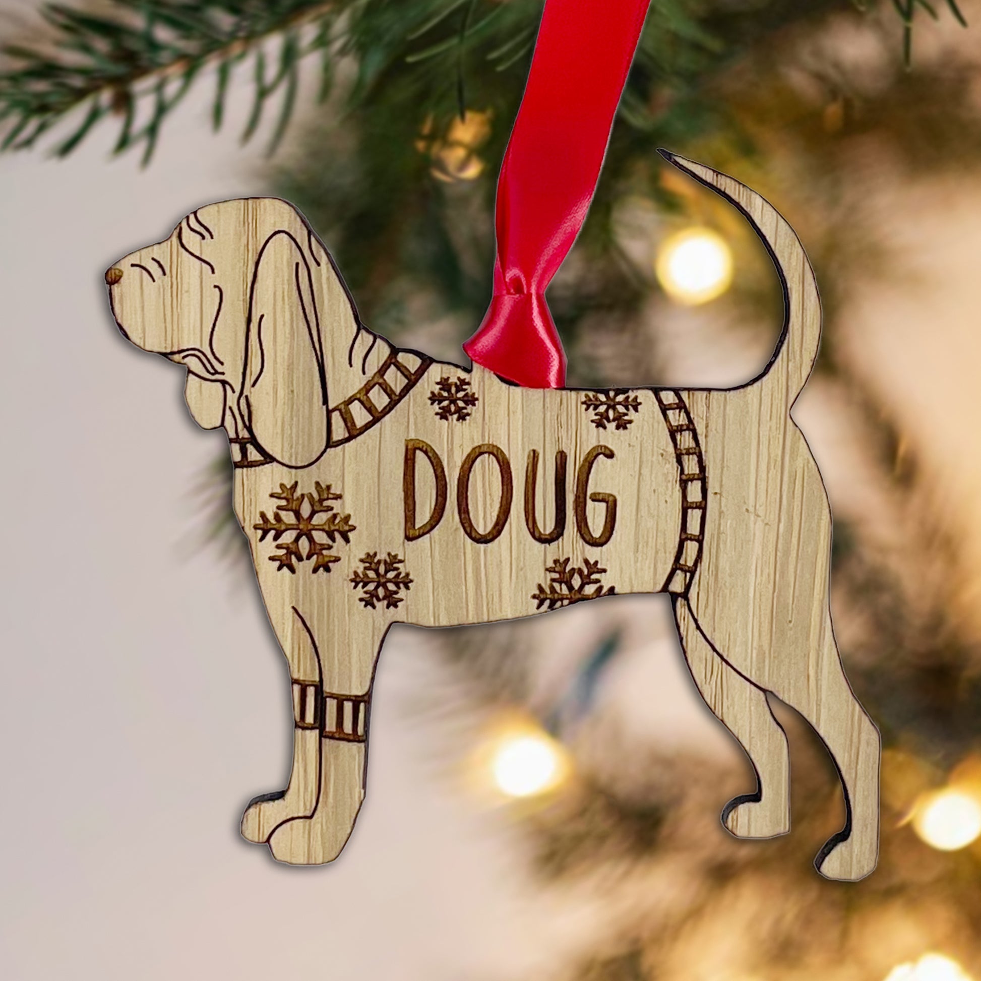 Personalised Blood Hound Bauble Jumper Dog Bauble - Oak Veneer Wood - Add any name